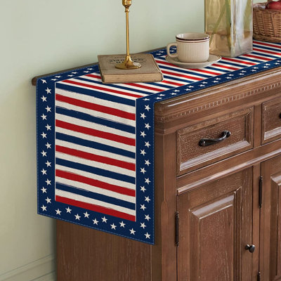 Linen Blend Striped Table Runner with Waterproof Finish, Patriotic Independence Day Decor for Dining Table & Kitchen – Red, White & Blue Stars and Stripes