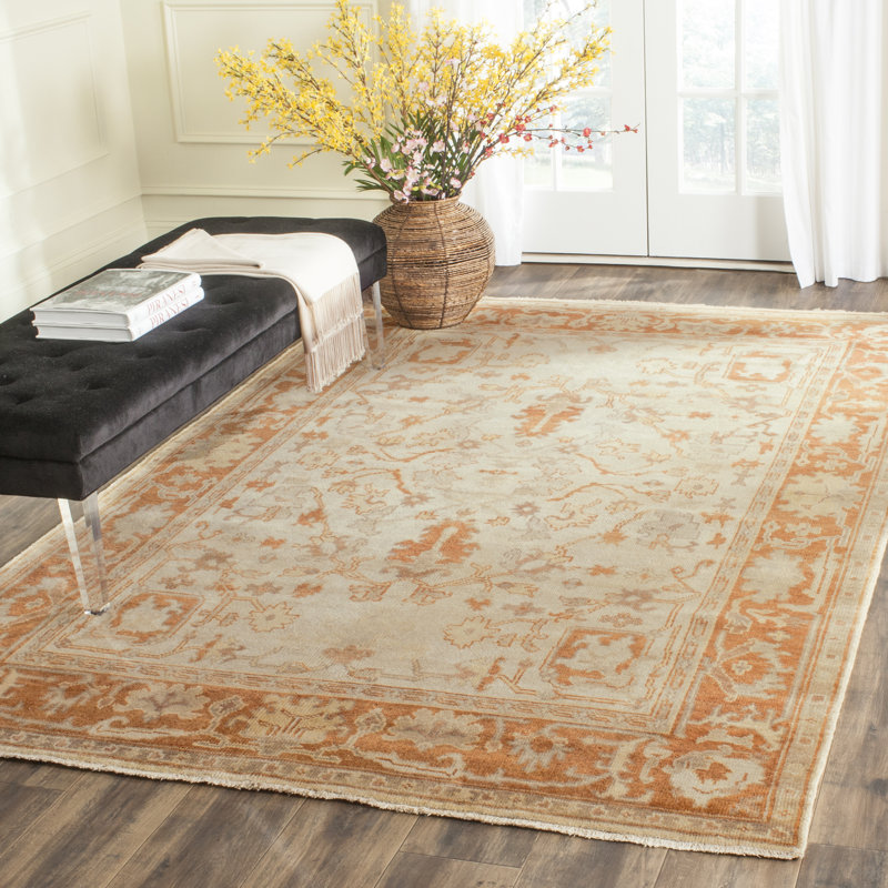 Ivory and Rust Hand-Knotted Wool Floral Area Rug 6' x 9'