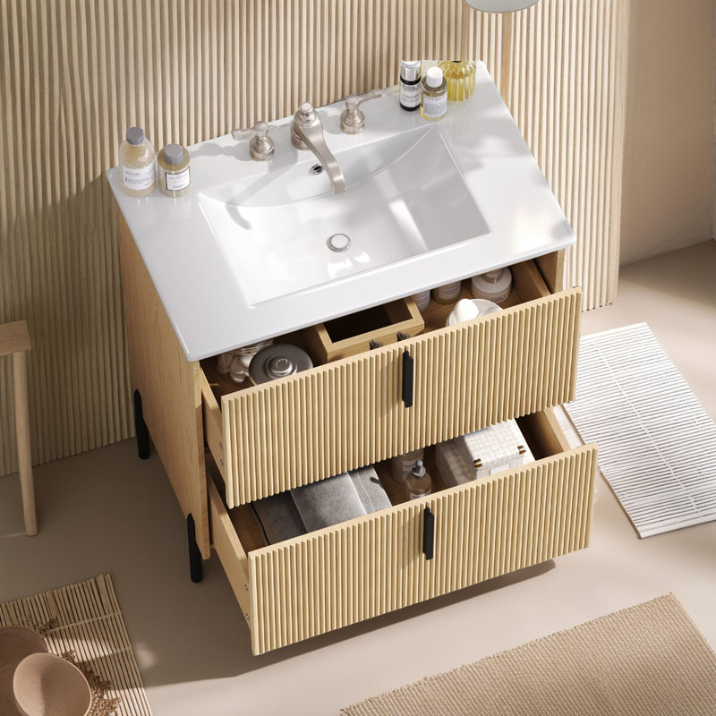 Meuble-lavabo avec lavabo en céramique Hurlburt, Brun