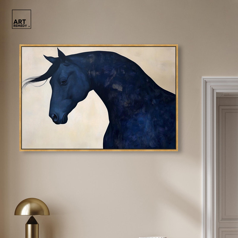 Décoration murale bleue "Blue Horse I" par , H 31 po x l 46 po, Cadre flottant doré