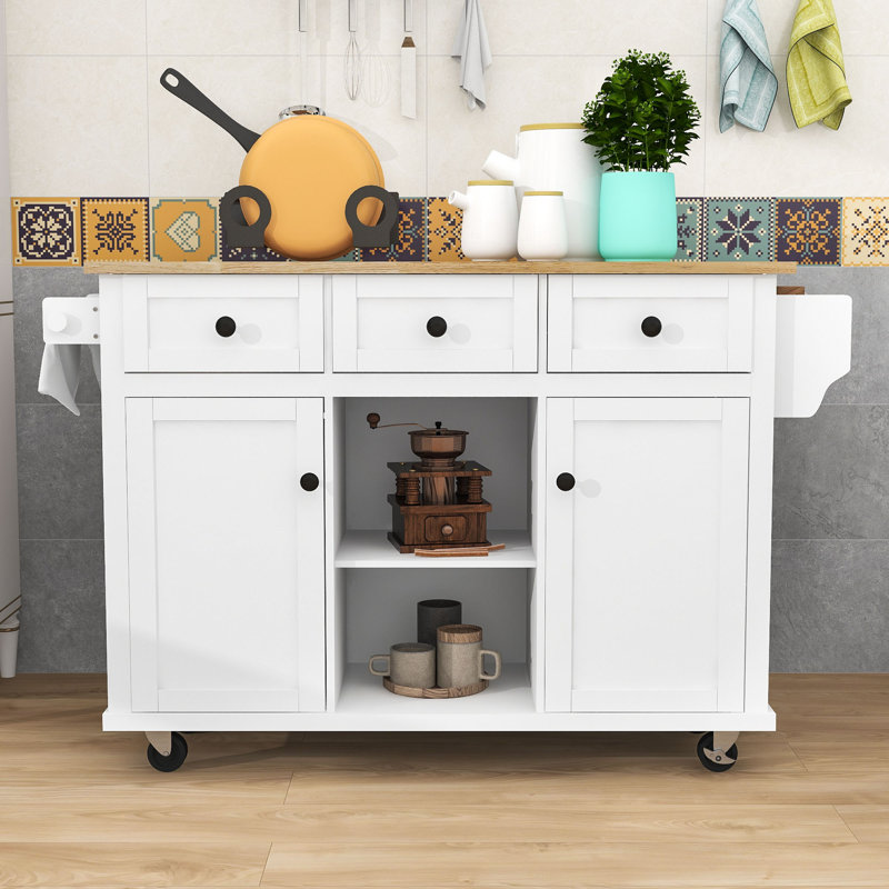 Chariot de cuisine moderne à roulettes en bois avec armoires de rangement, tiroirs et abattants, Blanc