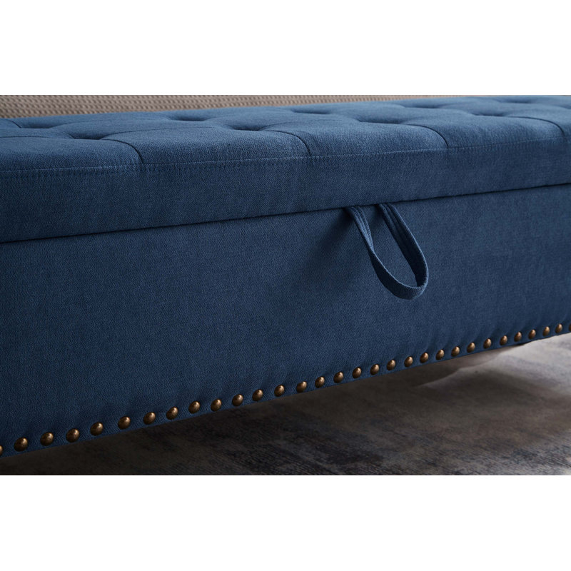 Banc de rangement contemporain avec revêtement en tissu et pieds en bois massif, Blue