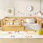 Lit double pour enfants avec rails de sécurité et bibliothèque intégrée, lit en bois à profil bas pour enfants, naturel.-463373545-463373548