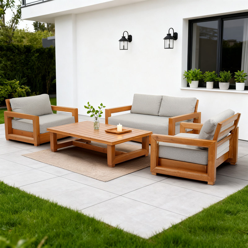 Ensemble de conversation de patio 4 pièces avec cadre en bois de sapin massif et coussins hydrofuges, Gris