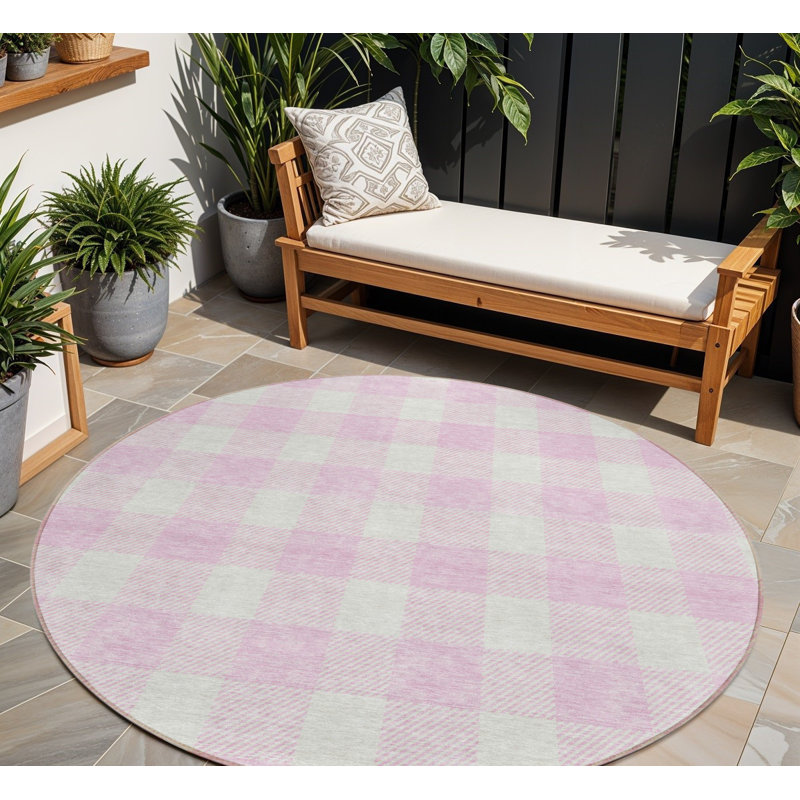 Tapis rond lavable à carreaux rose et gris 8 pi