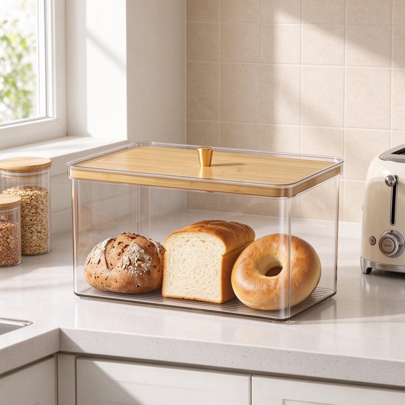 Clear Bread Box with Bamboo Lid, Acrylic Bread Bin for Kitchen Countertop, Food-Safe Bread Holder, Modern Breadbox Keeps Bread Fresh, Versatile Storage Container