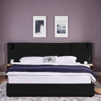 Lit plateforme tapissier hydraulique en velours avec 2 tablettes, 2 lampes de lecture et port USB