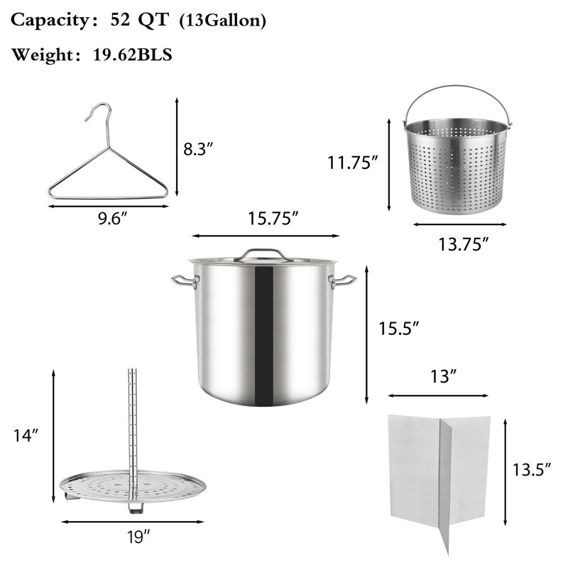 52QT Stainless Steel Stock Pot with Basket Insert and Divider
