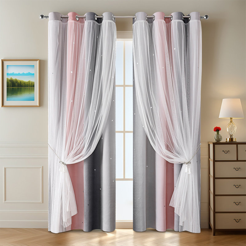 Kbndieu Gradient Striped Double-layer Shade Curtains Dreamy Star Shade Curtains Multi-color Curtains Suitable for Bedroom and Living Room Decoration