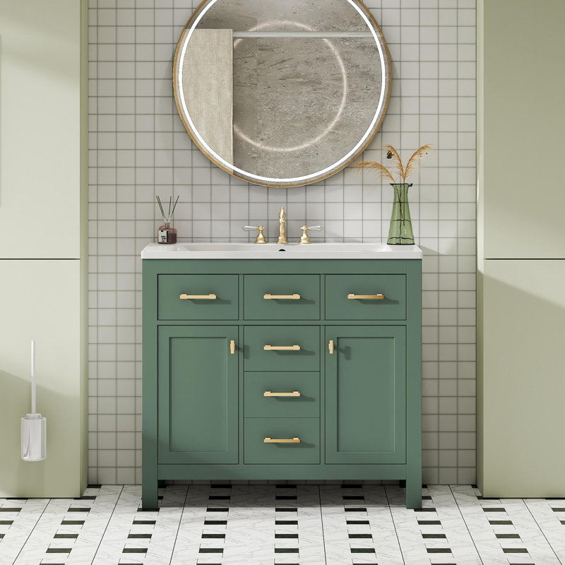 Ensemble de meuble-lavabo 36 po avec lavabo en céramique, meuble-lavabo simple autoportant moderne avec 4 tiroirs et 2 armoires, meuble de rangement pour la salle de bain, ensemble de meuble-lavabo avec cadre en bois massif, vert