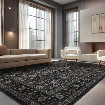 Tapis noir antidérapant lavable à la machine pour salon / chambre à coucher / cuisine / extérieur / salle de classe noir gris, 8 pi x 10 pi
