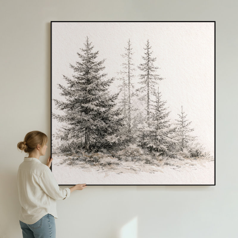 Très grand art mural imprimé sur toile - Décoration de chambre à coucher minimaliste forêt de pins gris d'hiver - "Assemblage requis du cadre (cadre non fini)"
