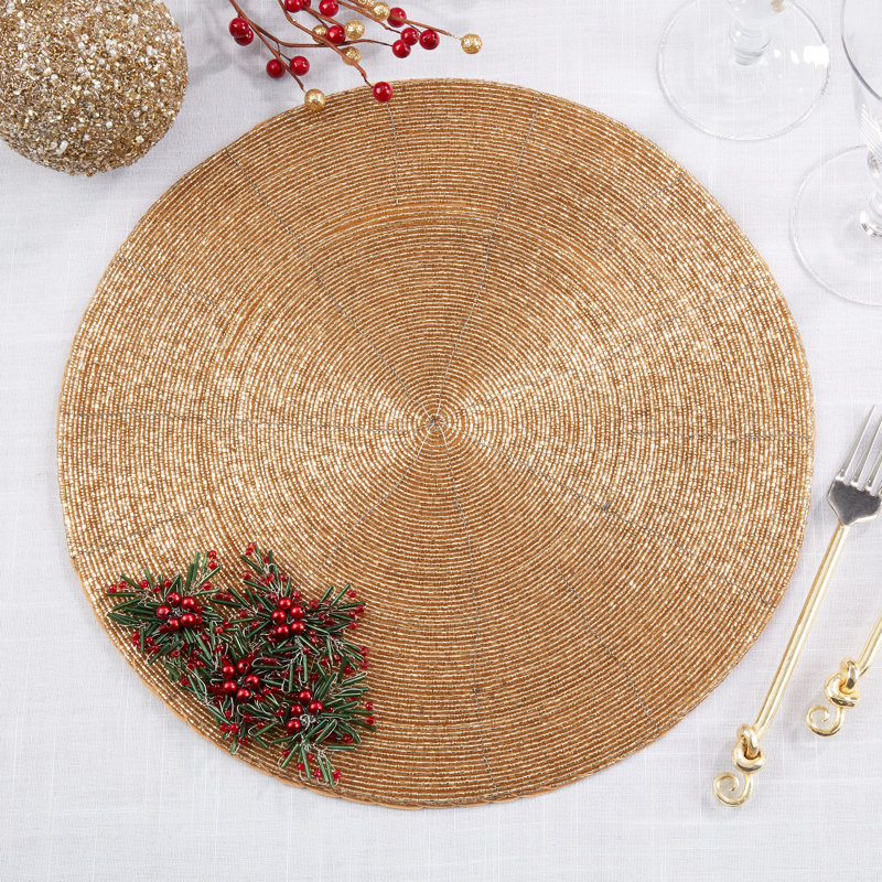 Gold Beaded Floral Round Placemats Set of 4