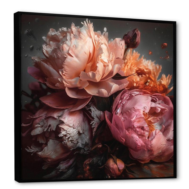 Orange rose, pivoines en fleurs - pivoines, reproduction d'art sur toile encadrée, H 16 po x l 16 po, Cadre flottant noir