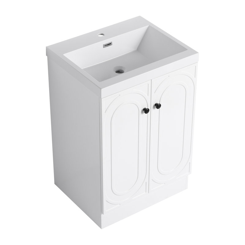 Lavabo de salle de bain autoportant en résine et 2 portes d'armoire à fermeture en douceur (emballage KD), Blanc, 24"