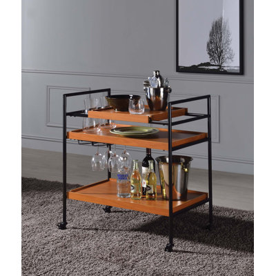 Honey Oak and Black Serving Cart with Stemware Rack by 17 Stories