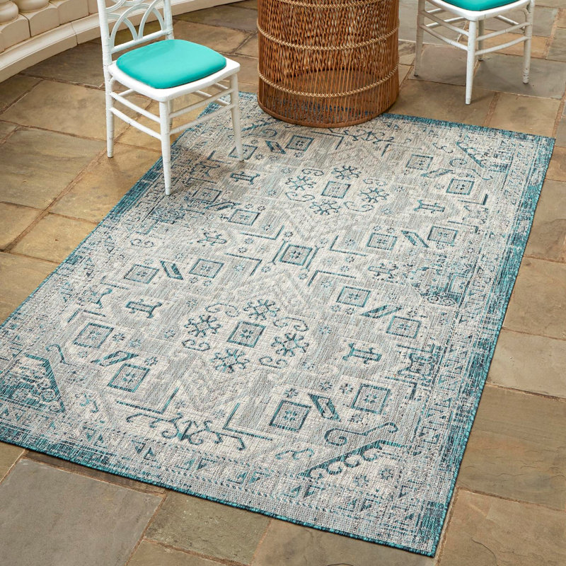 Tapis bleu sarcelle intérieur / extérieur Danera, Rectangle 5 pi 3 po x 7 pi 10 po