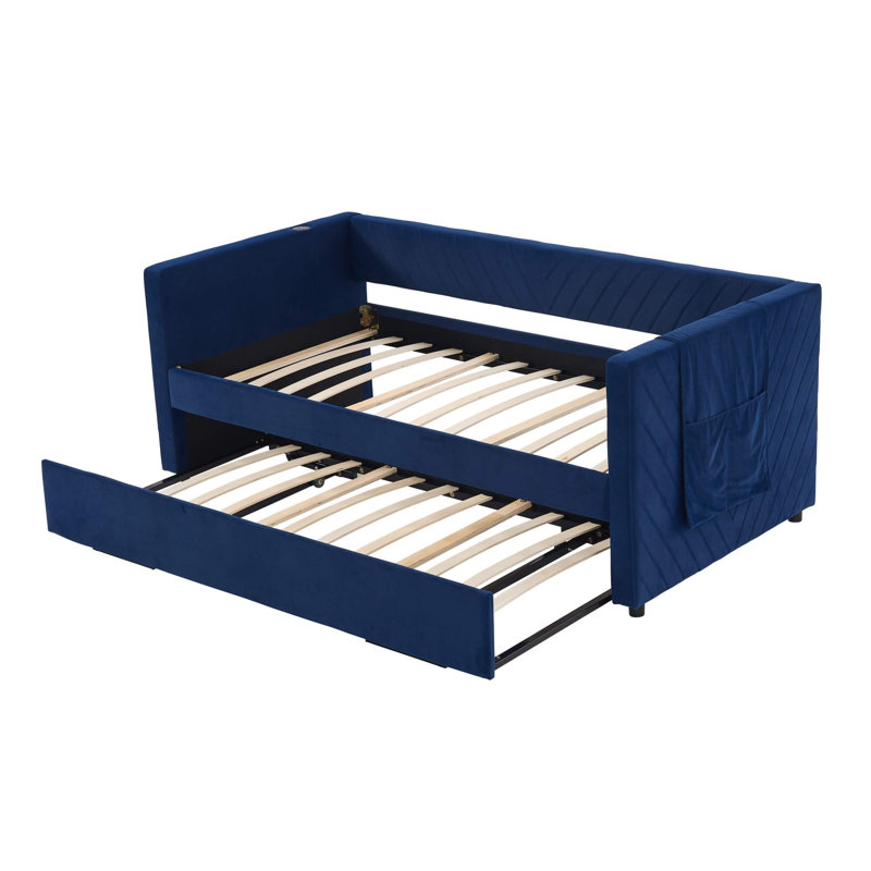 Twin Upholstered Daybed With Trundle, USB Port & Side Pockets – Modern V-Grained Backrest, No Box Spring Needed, Blue