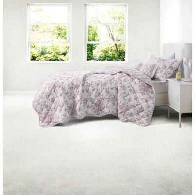 Ensemble de courtepointe rose en polyester 3 pièces pour chambre douillette