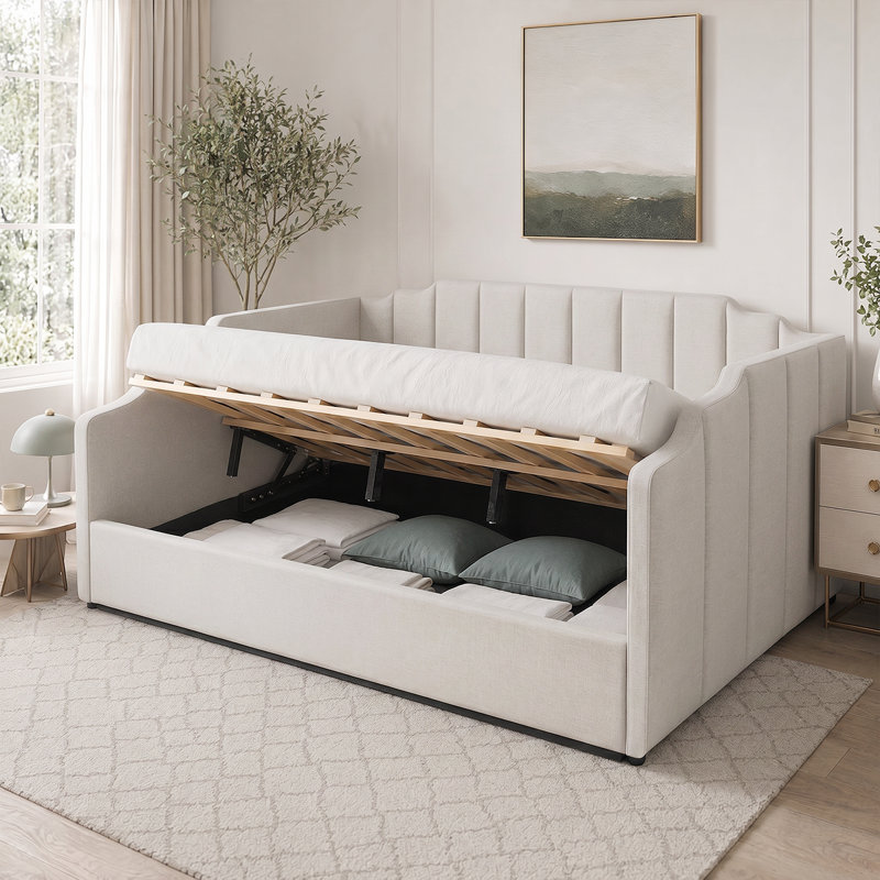 Linen Upholstered Daybed With Spacious Underbed Storage, Full Size - Durable Solid Wood Frame, Beige