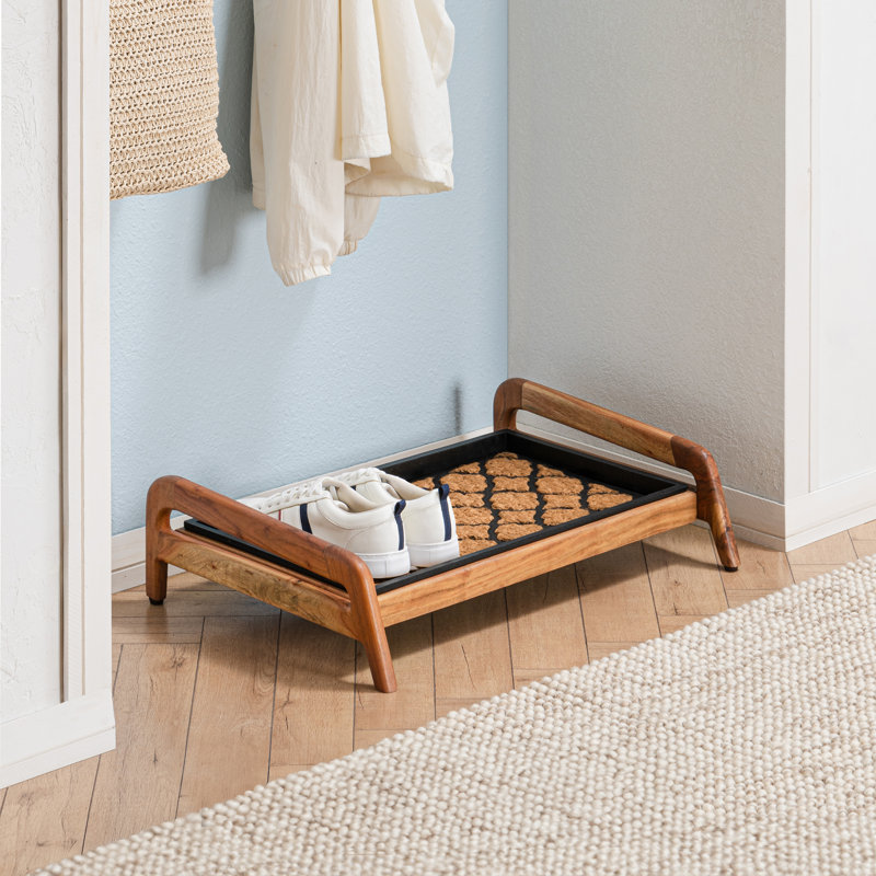 Premium Solid Wood Boot Tray Stand with Natural Coir Mat - Entryway & Mudroom Shoe Organizer, 18.5" W x 26.5" L, Natural