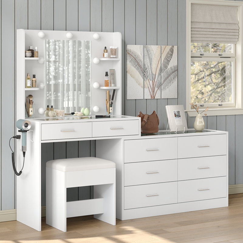 Dressing Table with LED Mirror, 8 Drawers and 4 Shelves, Glass Top, Power Outlet, Stool