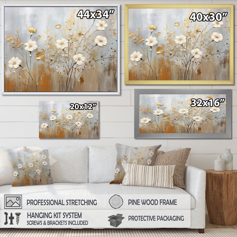 Fleurs sauvages beiges élégance florale V sur toile, H 24 po x l 32 po x P 1 po, Toile tendue