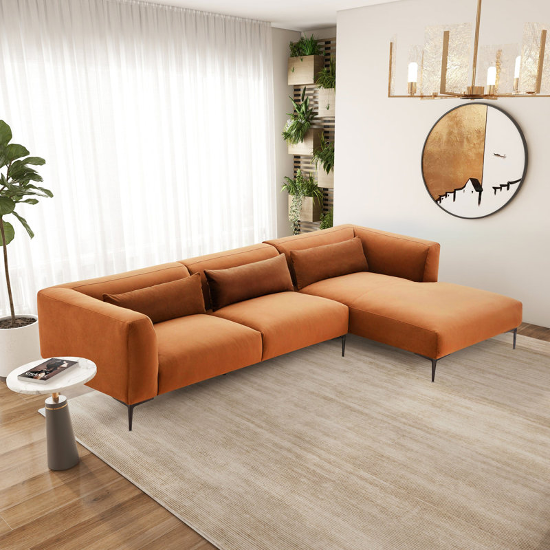 Laley Right-Facing L-Shaped Linen Sectional, Burnt Orange Velvet
