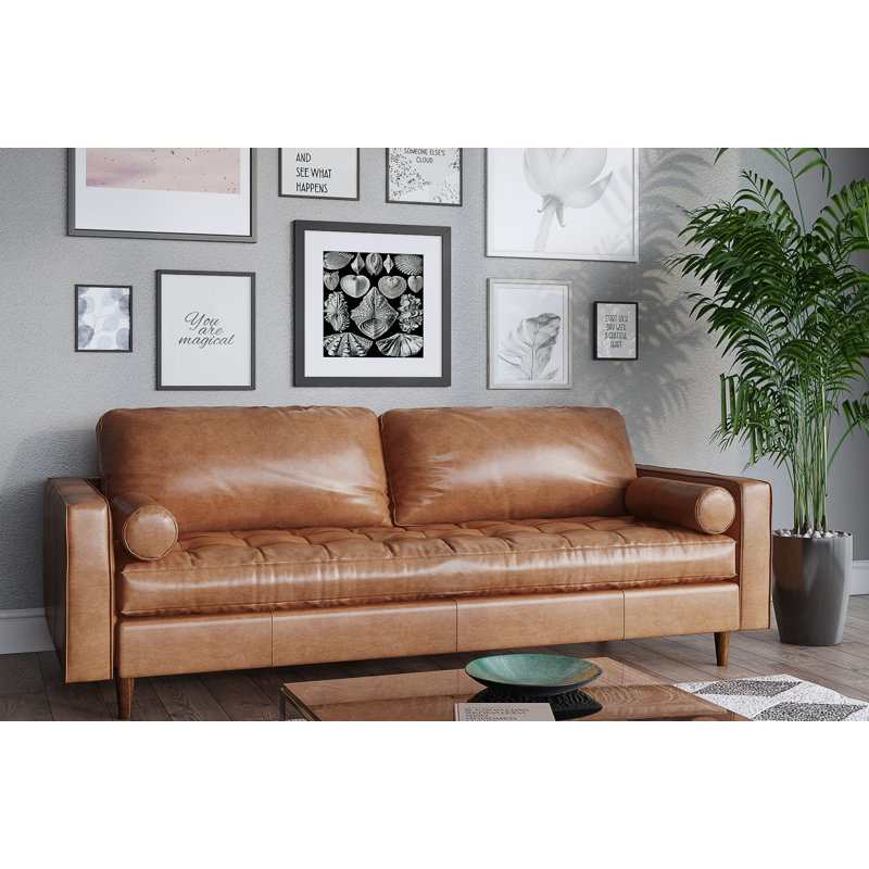 Canapé à accoudoirs carrés en cuir véritable 88 po Brochu, Cuir véritable brun clair