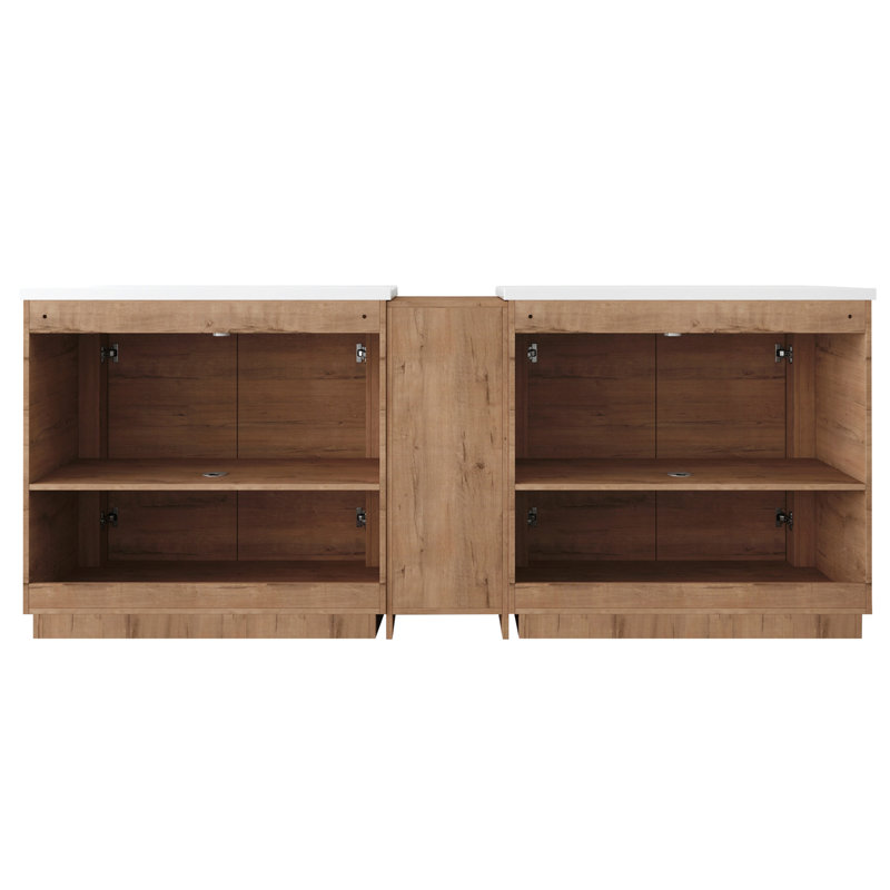 Meuble-lavabo autoportant de 84 po avec lavabo en céramique blanche et 1 petite armoire de rangement, porte à fermeture en douceur, chêne imitation, emballage KD, contreplaqué