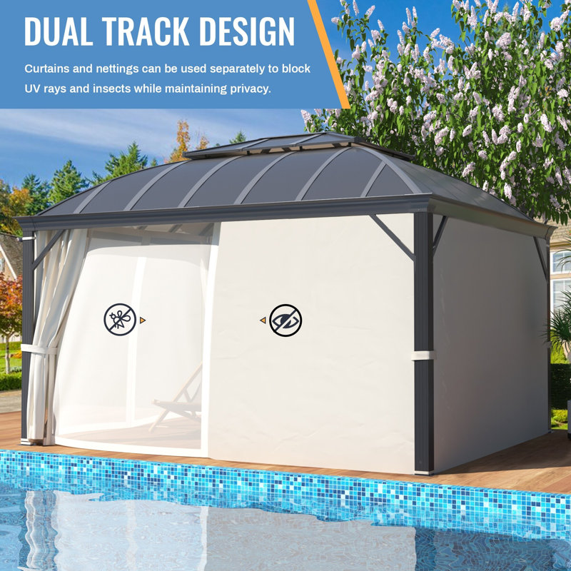 All-Season Aluminum Hardtop Gazebo with Insulated Double Arc Roof, Privacy Curtains & Mosquito Netting for Patio & Garden