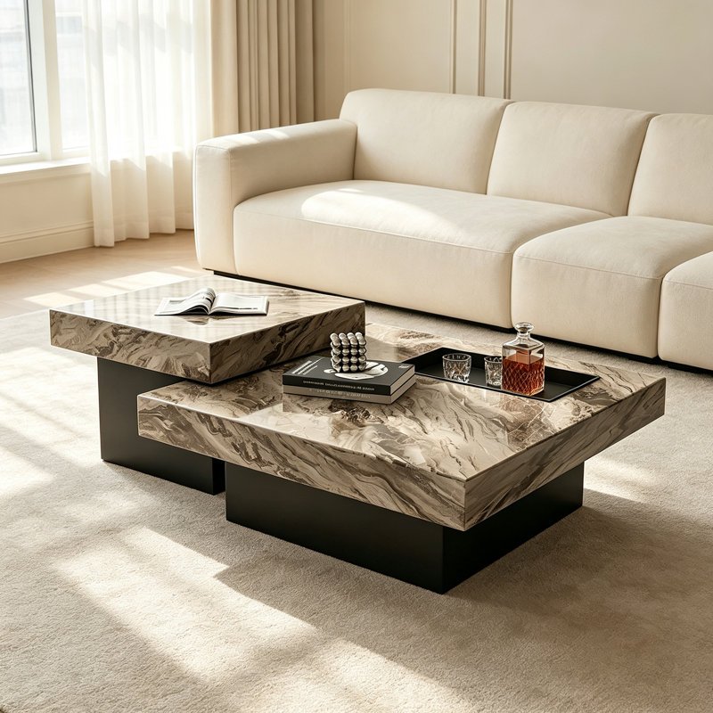 Table basse élégante avec plateau en ardoise et design minimaliste luxueux, 15.74" H x 27.55" W x 27.55" D, Brun