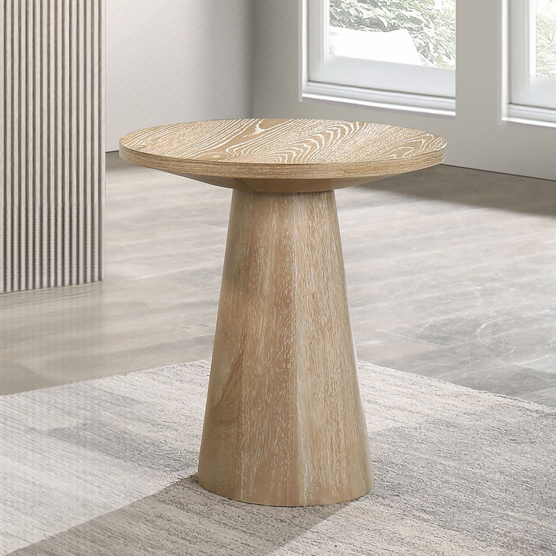 Table de bout ronde à piédestal unique de style contemporain avec structure en bois d'hévéa durable et finition chêne, Chêne