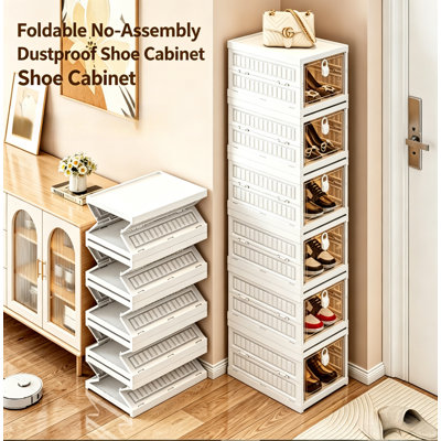 Narrow Freestanding 6‑Tier Foldable Shoe Cabinet, 10 × 13 × 41 Inch Stackable Plastic Shoe Storage with Transparent Doors, White Shoe Organizer for Entryway & Closet, for Sneakers and Casual Shoes