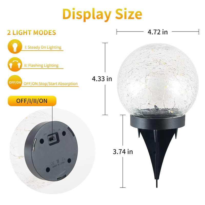 4.33ft 2 Modes Solar Cracked Glass Ball Outdoor Waterproof  30 LED  Light for Garden Pathway Patio Halloween Decor