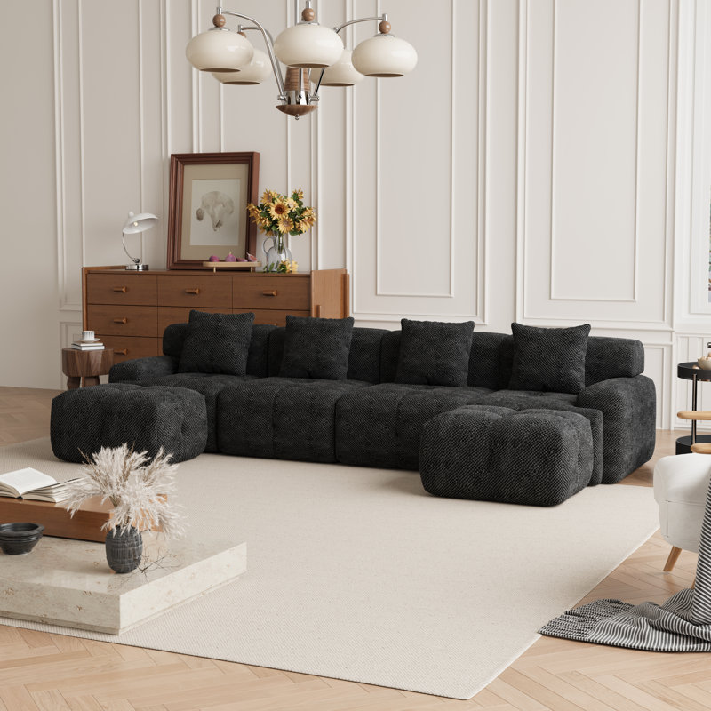 Canapé modulaire rembourré et rembourré en forme de U 6 pièces avec deux repose-pieds Boneless, Tissu gris anthracite