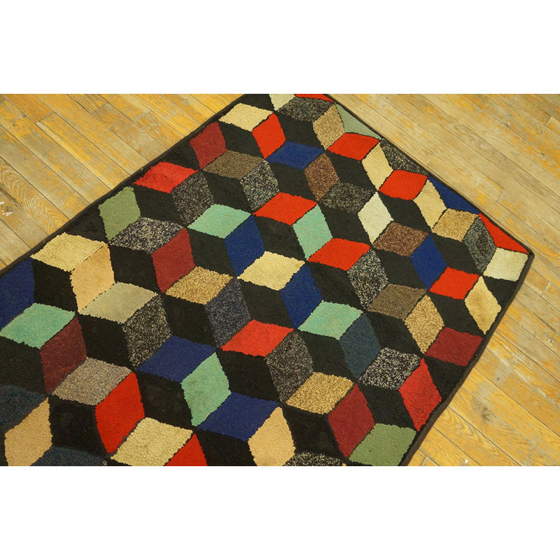 Small Antique Colorful Tumbling Block Pattern American Folk Art Hooked Rug