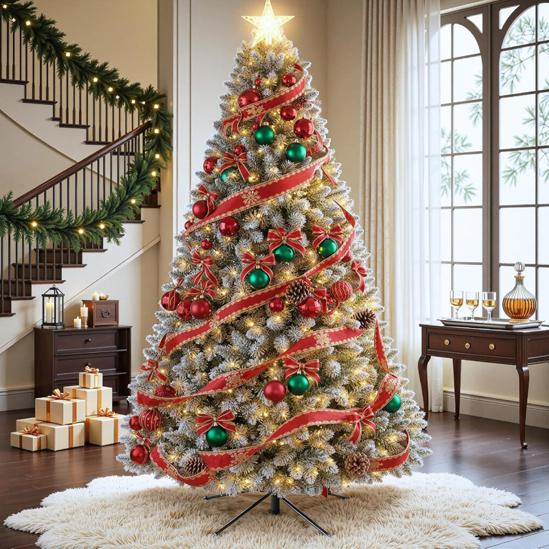 Pre-Lit Flocked Christmas Tree, Dual-Color LED & Multicolor Globe Lights, 7' 5"