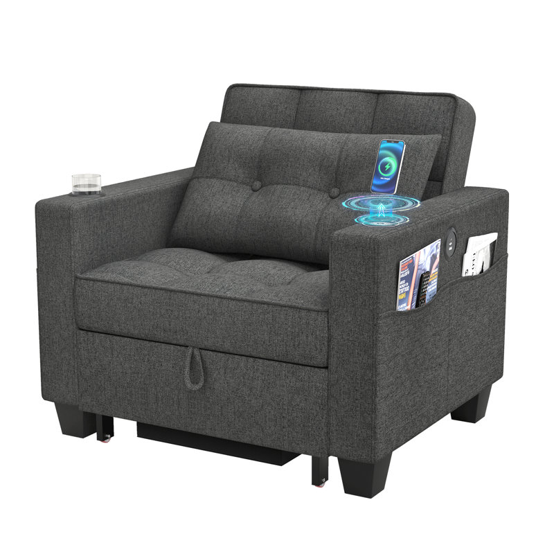 38" Wide Convertible Chair 3-In-1 Pull Out Sleeper Futon Chair Beds with Wireless Charging