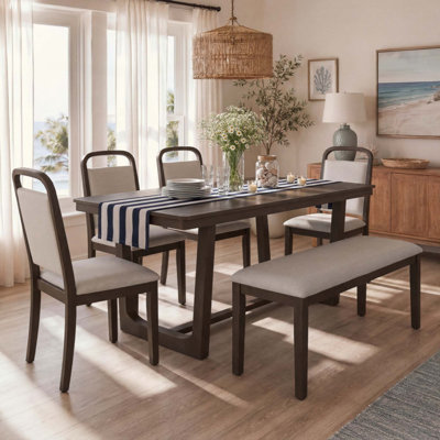 6-Piece Dining Table Set, Farmhouse Kitchen Table with 4 Upholstered Chairs & 1 Bench, Seats for 6, Rectangular Dining Set for Dining Room, Kitchen