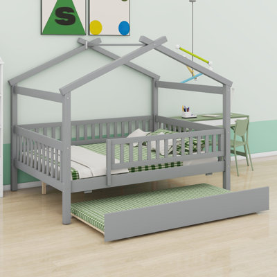 Wooden House Bed With Trundle