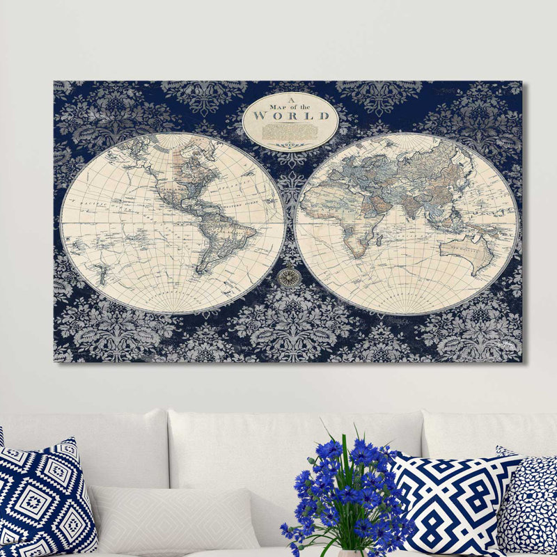 Carte bleue du monde par Elizabeth Medley - impression d'art graphique, H 18 po x l 30 po x P 1 po, Toile tendue
