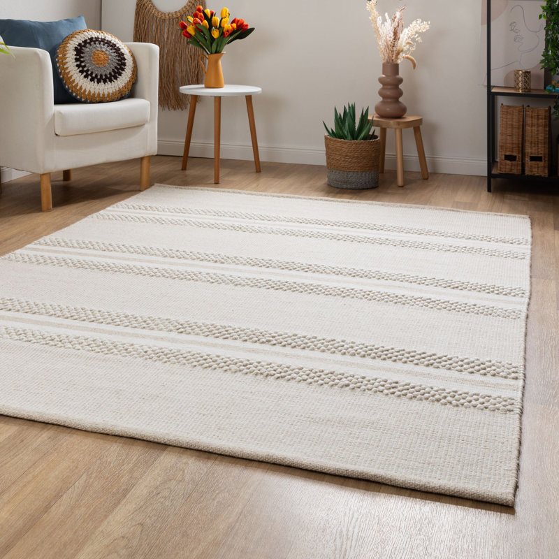 Derrynisk Striped Wool Hand Woven Area Rug, Grey/Brown/Blue, Rectangle 140 x 200cm