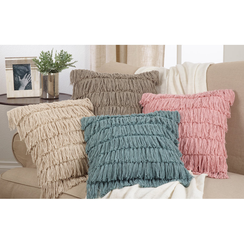 Grey Woven Fringes Square Throw Pillow with Down Filling