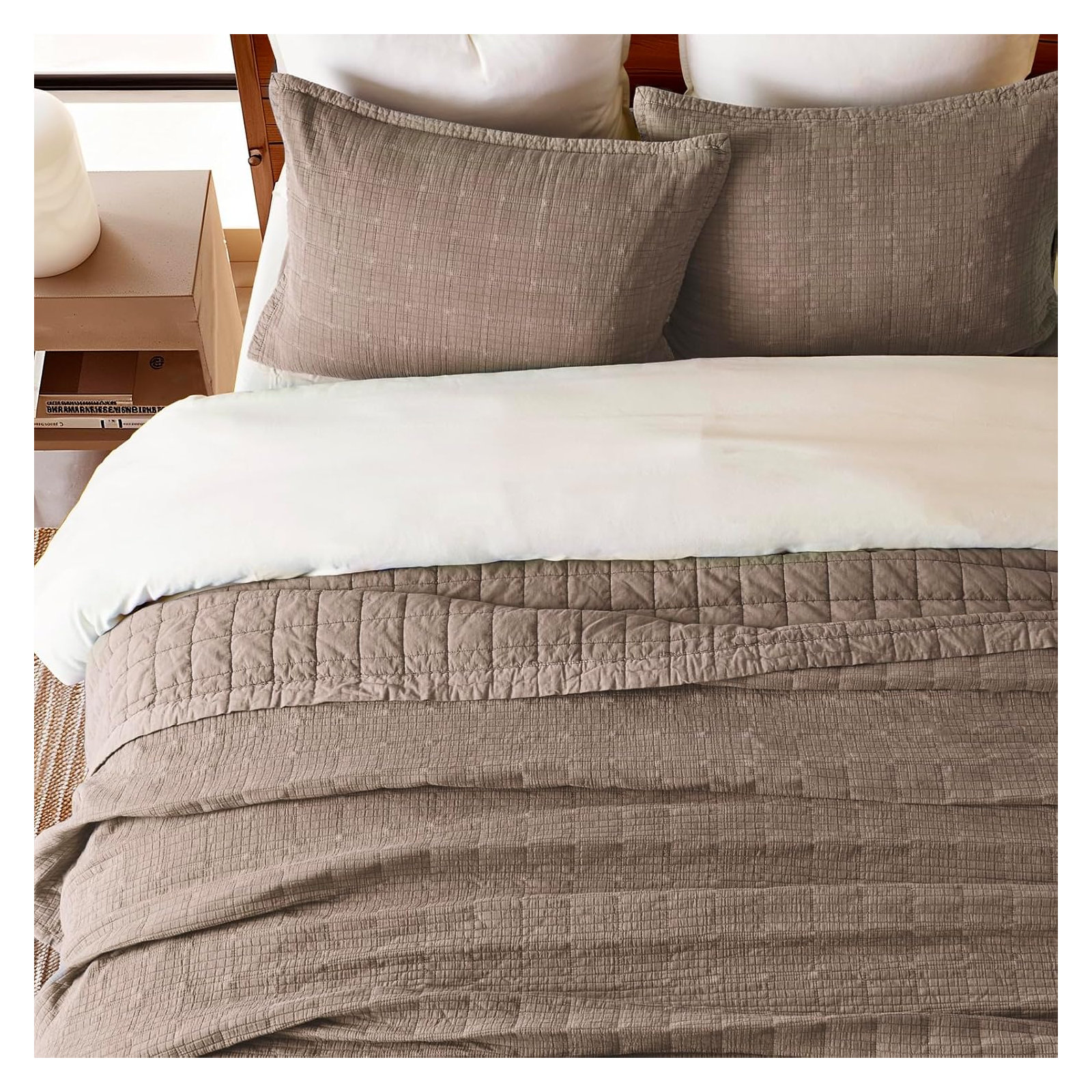 Stonewashed Crinkle Cotton Box Stitch Quilt Set, Mocha Brown, King Quilt + 2 King Shams