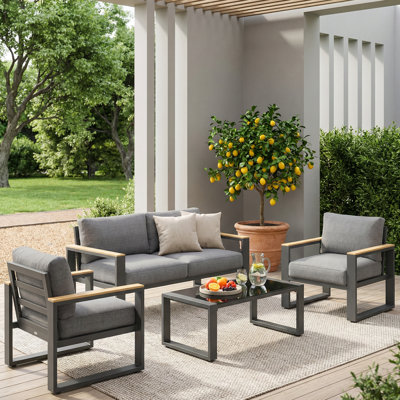 All Aluminum Outdoor Furniture Set for all Weather, 4-Person Patio Furniture Set with Wood Armrest for Skin-friendly Touch, 4-Piece Patio Conversation Set with Removable Cushions