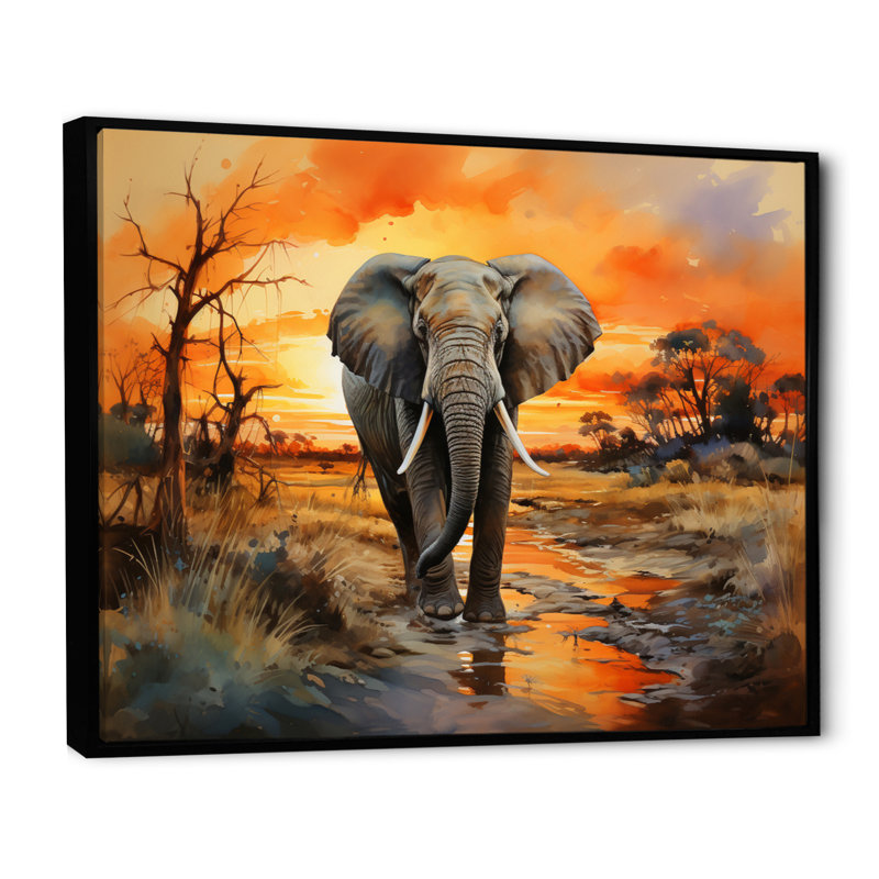 Éléphant d'Afrique, prairies II sur toile, H 34 po x l 44 po x P 1,5 po, Cadre flottant noir