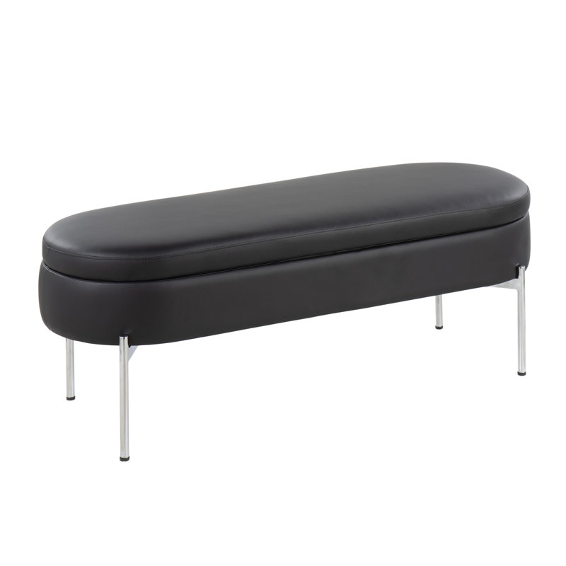 Faux Leather Upholstered Storage Bench, Black/Chrome
