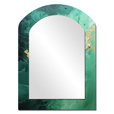 Emerald Euphoria I - Landscapes Arch Wall Mirror, Green Asymmetrical Decorative Mirror, Printed Metal Art