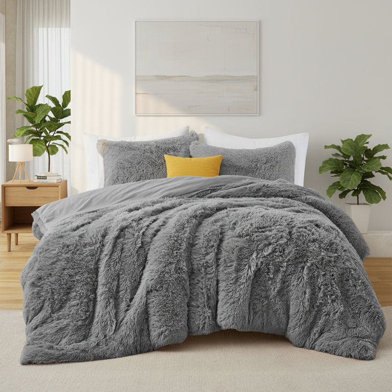 Ensemble d'édredon moelleux et moelleux en fausse fourrure, Gris, Courtepointe grand lit + 2 taies d'oreiller standa
